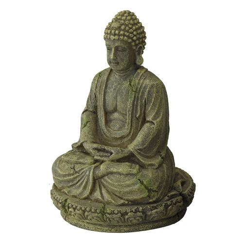 Steinfigur Buddha, sitzend, AQUA DELLA, Deko für Aquarium/Garten, Steinoptik mit Moosakzenten, EAN: 4047059429594.
