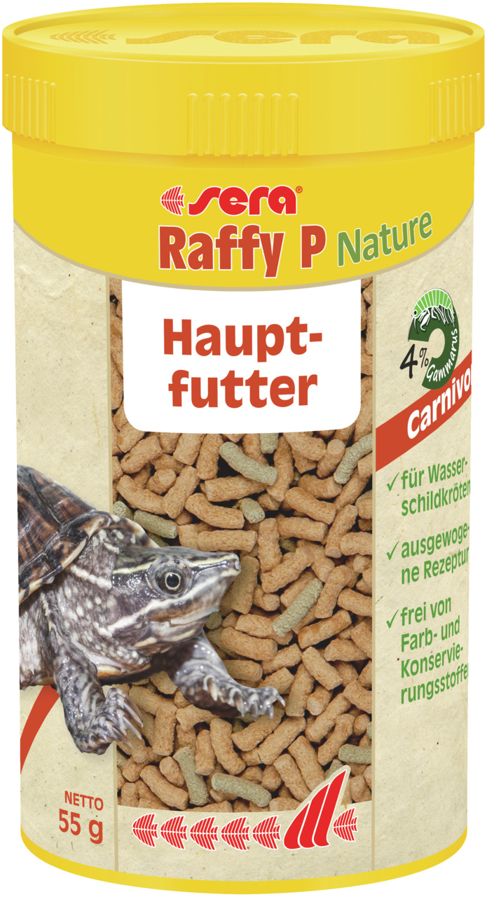 sera Raffy P Nature, Hauptfutter für carnivore Wasserschildkröten, 55 g Pellets, ausgewogene Rezeptur ohne Farb- & Konservierungsstoffe.