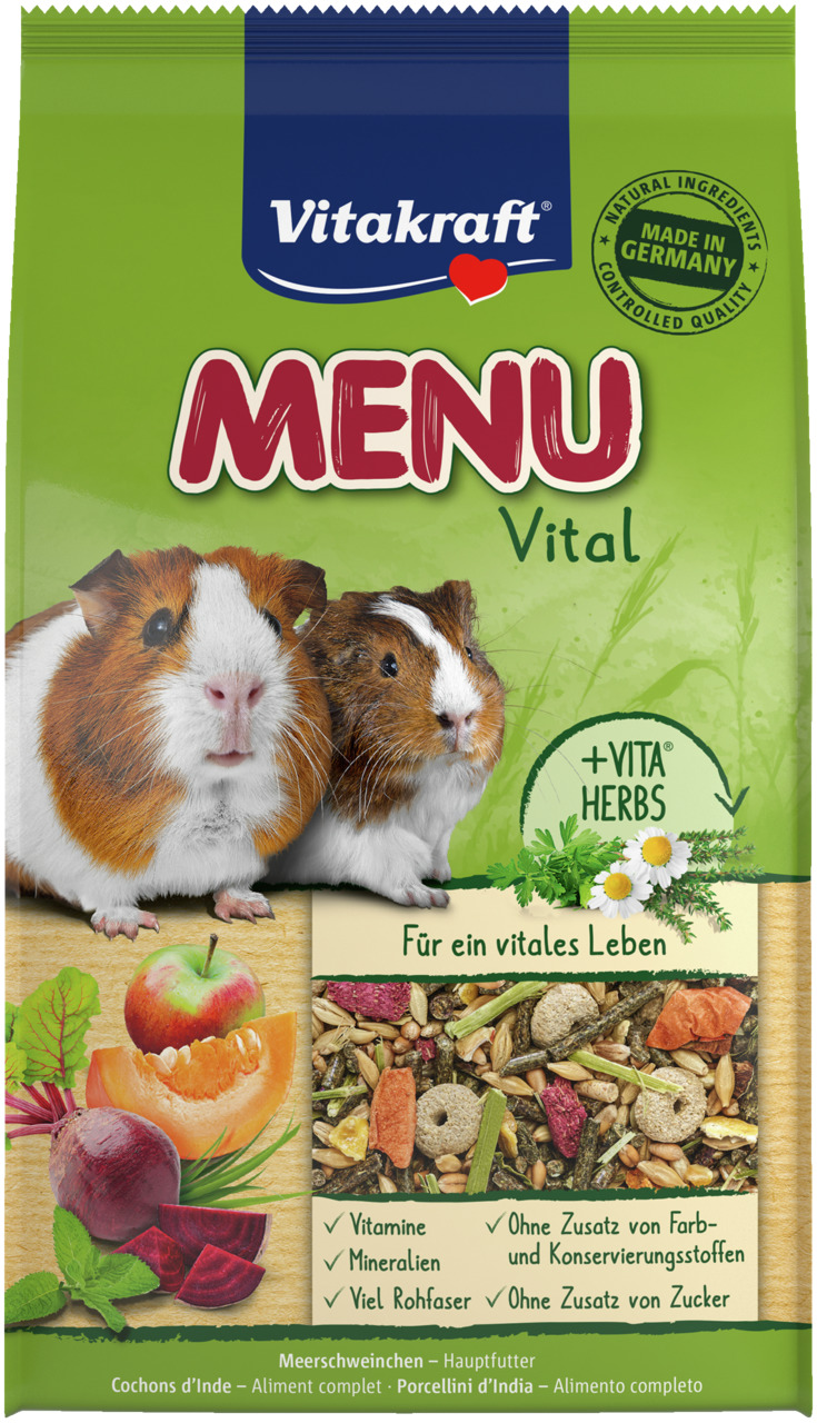 Vitakraft Menu Vital Meerschweinchenfutter: Vitamine, Mineralien, Rohfaser, ohne Zucker-/Farb-/Konservierungsstoffe. Menge: k.A.