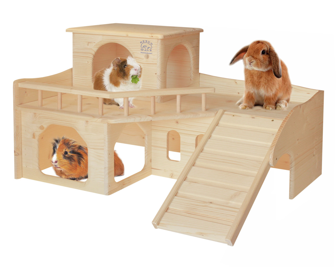 Resch Kleintierhaus aus Holz, für Kaninchen & Meerschweinchen, 2 Etagen mit Rampen, Balkonen, Verstecken, fördert artgerechtes Verhalten.
