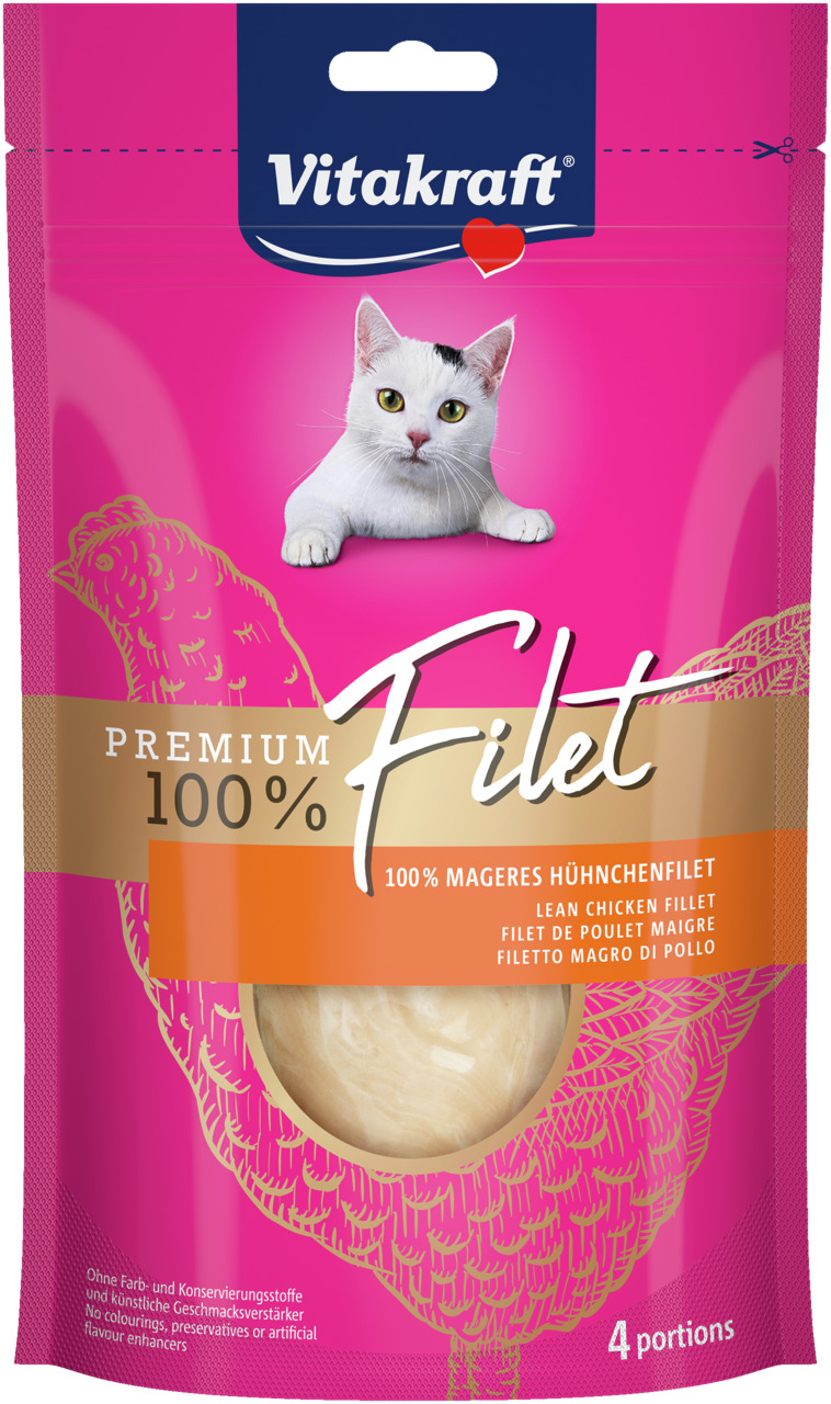 Vitakraft Premium Filet Katzensnack, Huhn, 100% mageres Hühnerfilet, 4 Portionen, ohne Farb--Konservierungsstoffe & künstl. Geschmacksverstärker.