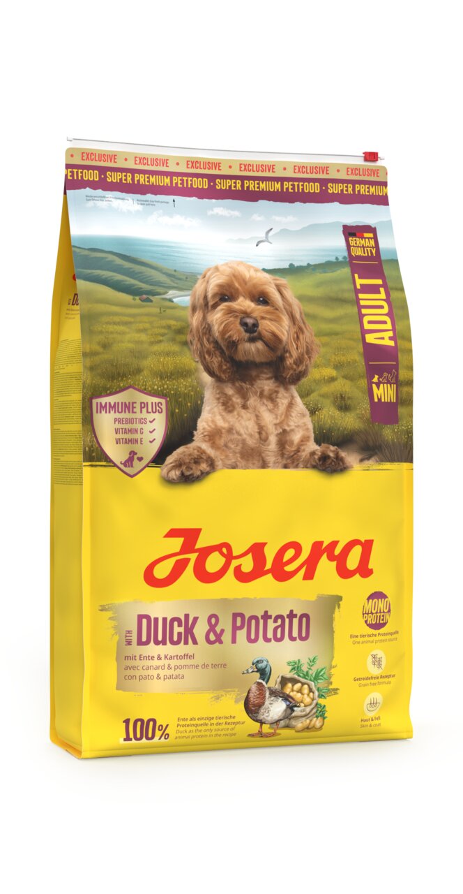 Trockenfutter von Josera "Duck & Potato" für ausgewachsene Hunde, Geschmacksrichtung Ente, 100% getreidefrei, 15 kg Packung.