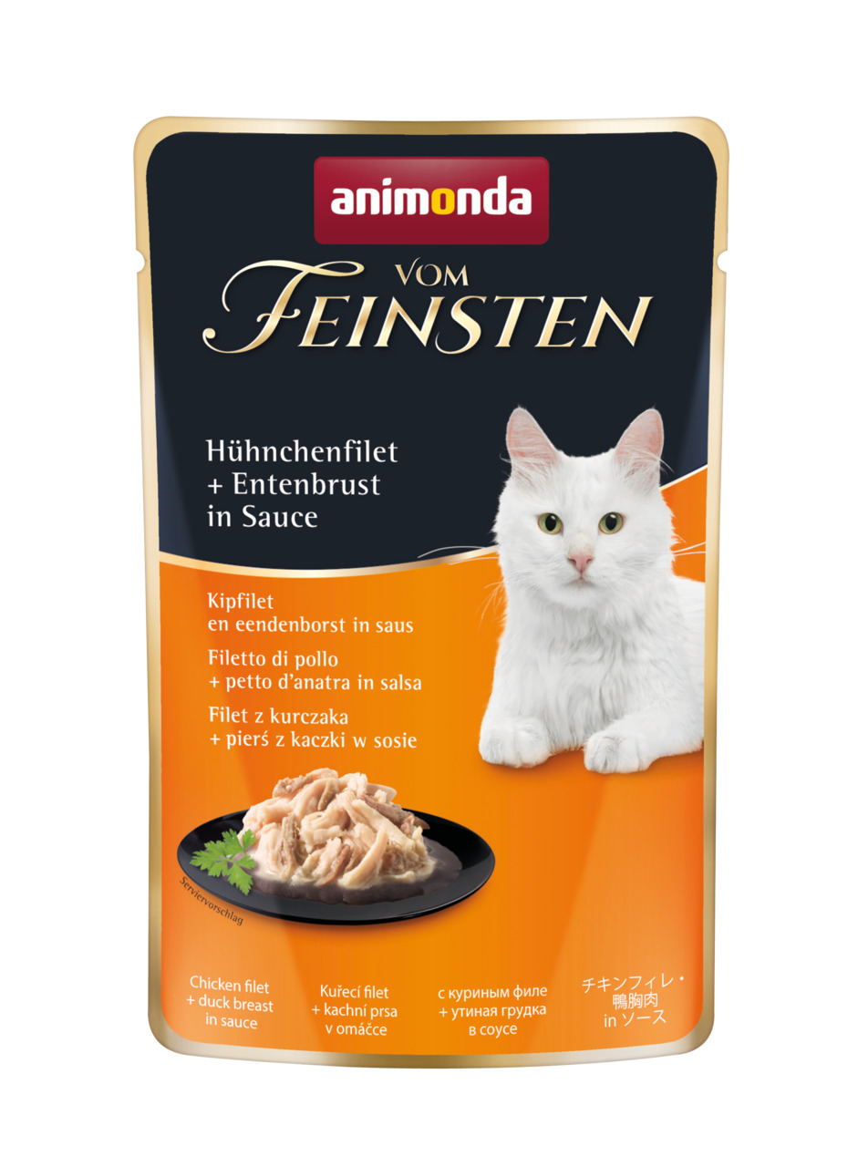 animonda Vom Feinsten Nassfutter für Katzen, Hühnerfilet & Entenbrust in Sauce, 100 g, orange-schwarze Verpackung mit weißer Katze.