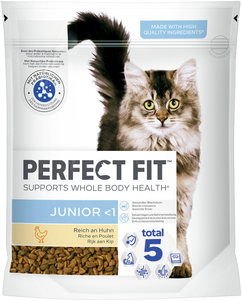 Das Bild zeigt eine Verpackung des Katzenfutters „Perfect Fit Junior 