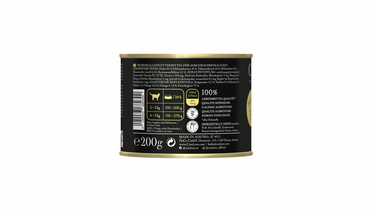 Das Bild zeigt eine 200g-Dose des Premium-Katzenfutters „Cat's Love“ für ausgewachsene Katzen. Die Geschmacksrichtung ist Huhn, ergänzt durch hochwertige Zutaten wie Hühnerherzen und Hühnerleber. Das Produkt ist in Lebensmittelqualität hergestellt, ohne Z