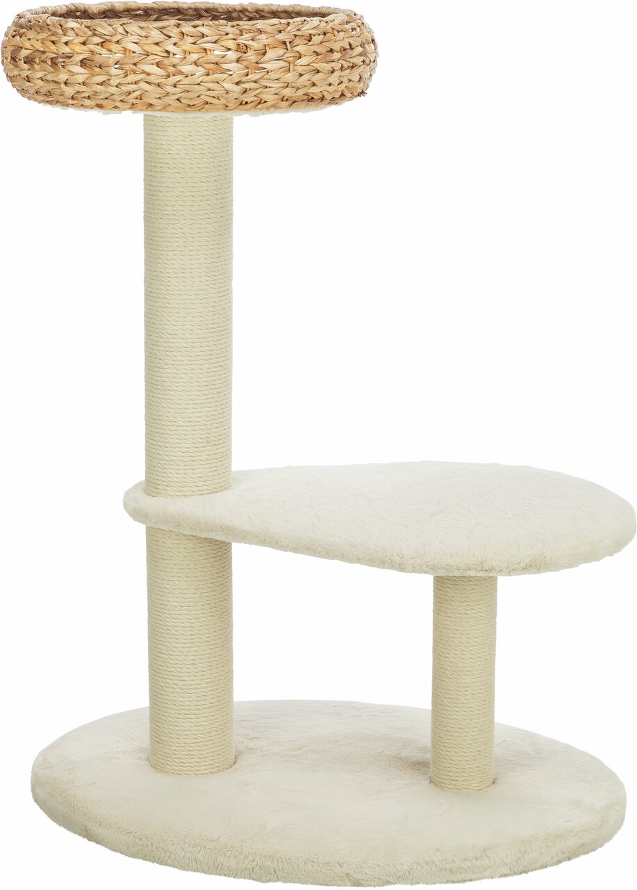 Kratzbaum für Katzen von TRIXIE mit Plüschbezug, Sisalstämmen und Liegekorb aus Seegras, ideal für Spiel und Entspannung.