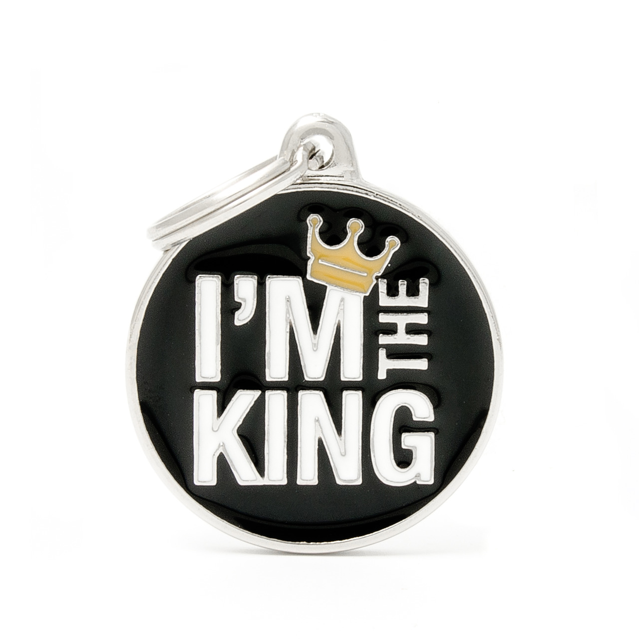 My Family Haustier-ID-Schild „I’M THE KING“, schwarz, rund, mit Krone, glänzend, silberner Rand+Ring. Ideal für Haustiere.