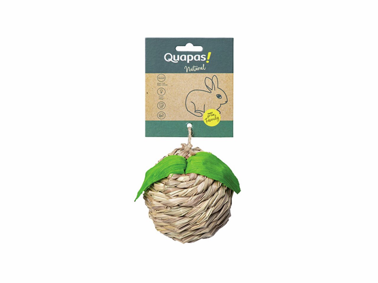 Quapas! Natural Ball, Spielzeug für Kleintiere (z. B. Kaninchen), aus natürlichen Materialien, gesundheitsfördernd, mit grünen Blättern.