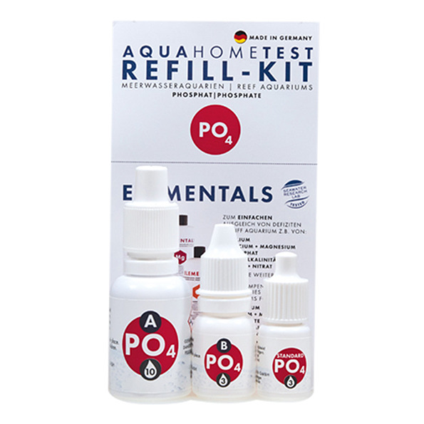 Das Bild zeigt das FAUNA MARIN Aqua Home Test Refill-Kit für Meerwasseraquarien, speziell zur Messung von Phosphat (PO4). Es enthält drei Fläschchen mit den Bezeichnungen A, B und Standard sowie eine Anleitung. Das Produkt ist „Made in Germany“ und dient 