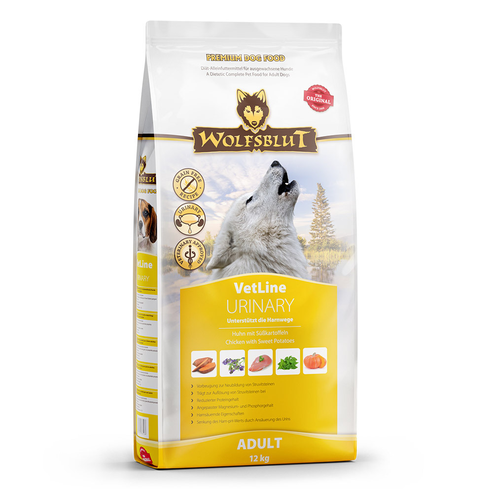 Wolfsblut VetLine Urinary, 12 kg, für ausgew. Hunde, Huhn & Süßkartoffeln, getreidefrei, unterstützt Harnwege, mit Kürbis & Kräutern.