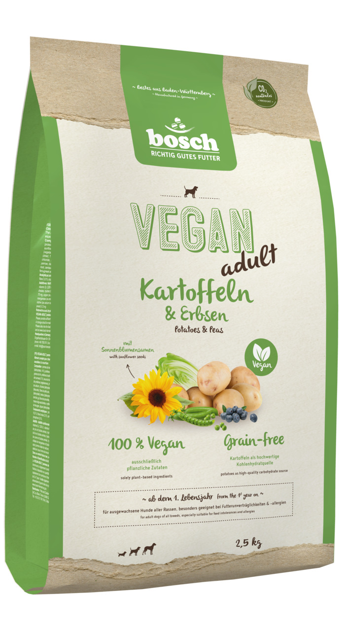 Bosch „Vegan Adult“ Hunde-Trockenfutter, 2,5 kg, für alle Rassen, mit Kartoffeln & Erbsen, 100 % vegan, getreidefrei, nachhaltig.