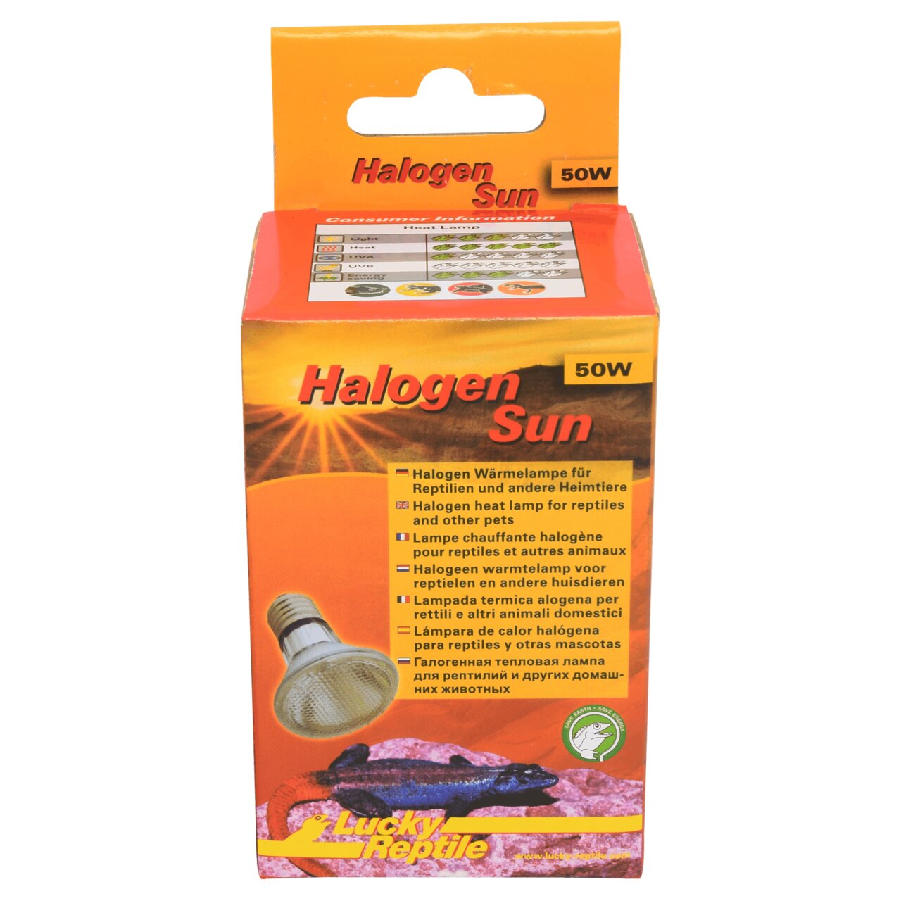 Lucky Reptile Halogen Sun 50W, Wärmelampe für Reptilien, für Terrarien, unterstützt Wärmeversorgung, orangefarbene Verpackung.