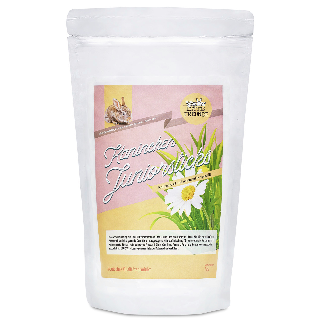 Lottis Freunde Kaninchen Juniorsticks, 1 kg, für junge Kaninchen, mit Kamillenblüten, hochwertiges Tierfutter.