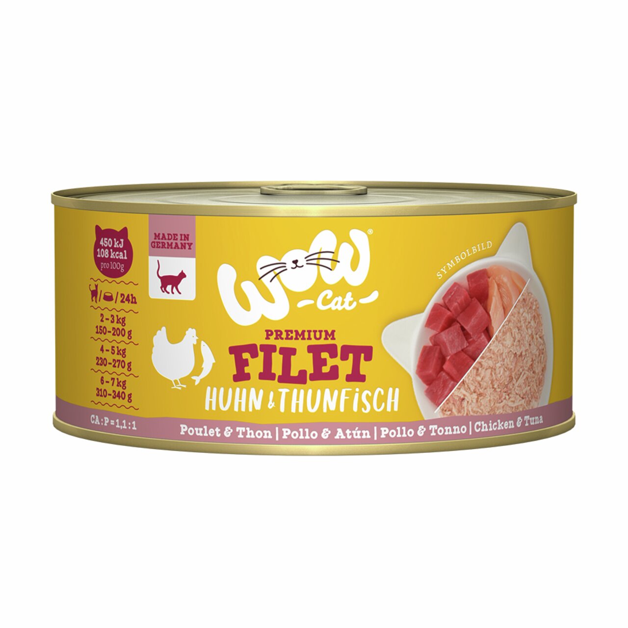 WOW CAT Premium Filet Huhn & Thunfisch, Katzenfutter, 70 g, proteinreich, hochwertig.