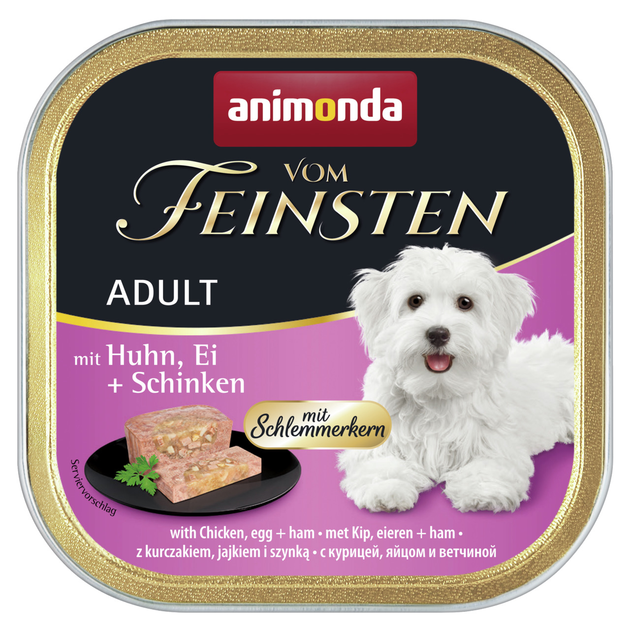 Animonda Vom Feinsten Adult, Huhn-Ei-Schinken, für ausgewachsene Hunde, mit Schlemmerkern, 150g.