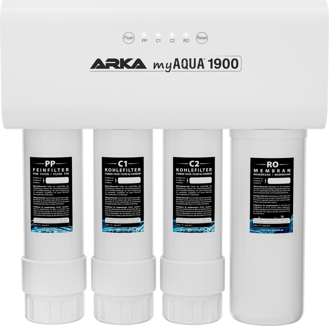 ARKA myAQUA 1900 Umkehrosmoseanlage für Aquaristik, 4-stufig mit PP-, C1-, C2-Kohlefilter und RO-Membran.