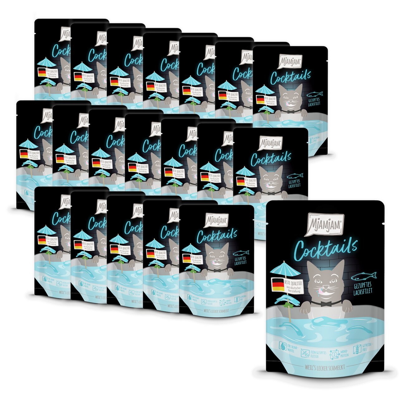 MJAMJAM Cocktails Katzenfutter, Gegrilltes Lachsfilet, 85 g, Premiumqualität, deutsche Herkunft.