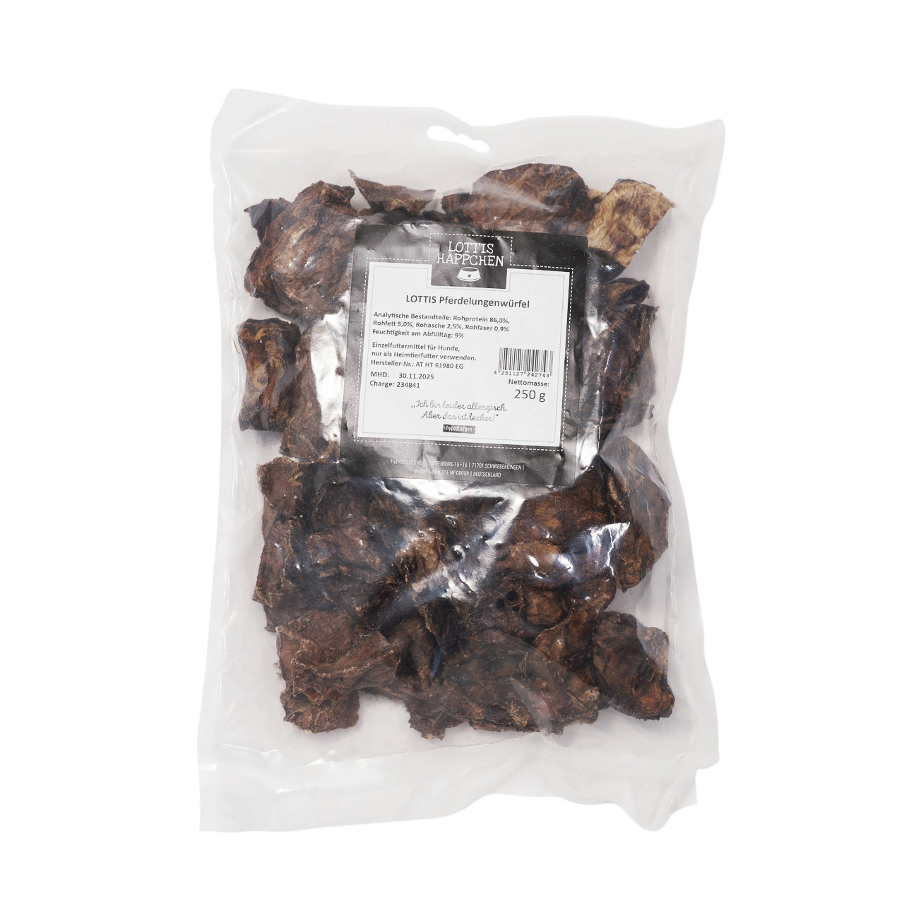 LOTTIS HÄPPCHEN Pferdelungenwürfel, Hundefutter, Geschmacksrichtung Pferdelunge, 250 g, vakuumverpackt für optimale Frische.