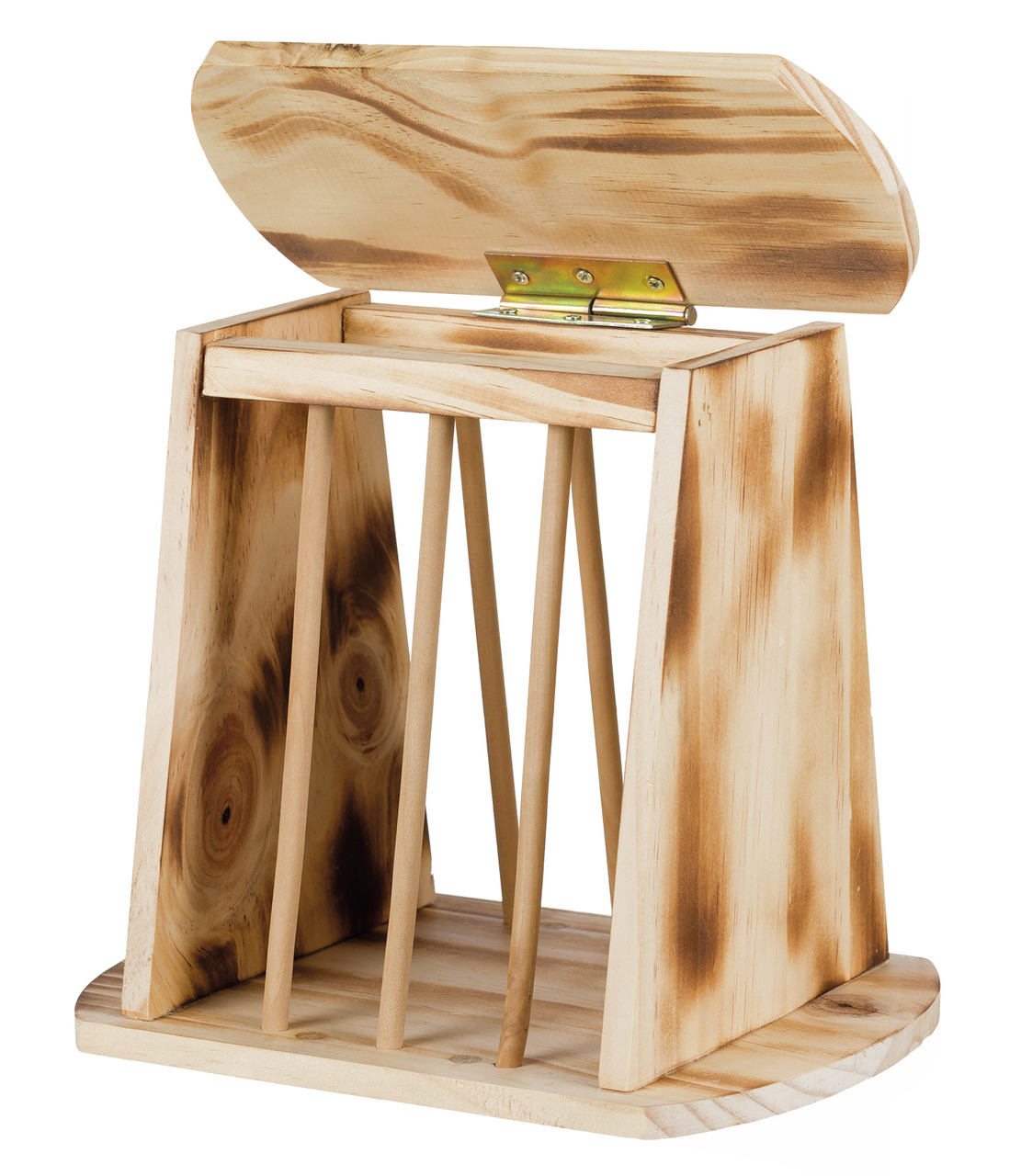 Holz-Heuraufe von TRIXIE für Kleintiere wie Kaninchen und Meerschweinchen. Die Raufe besteht aus naturbelassenem Holz mit einer klappbaren Abdeckung, die das Befüllen erleichtert. Sie schützt das Heu vor Verschmutzung und sorgt für eine artgerechte Fütter