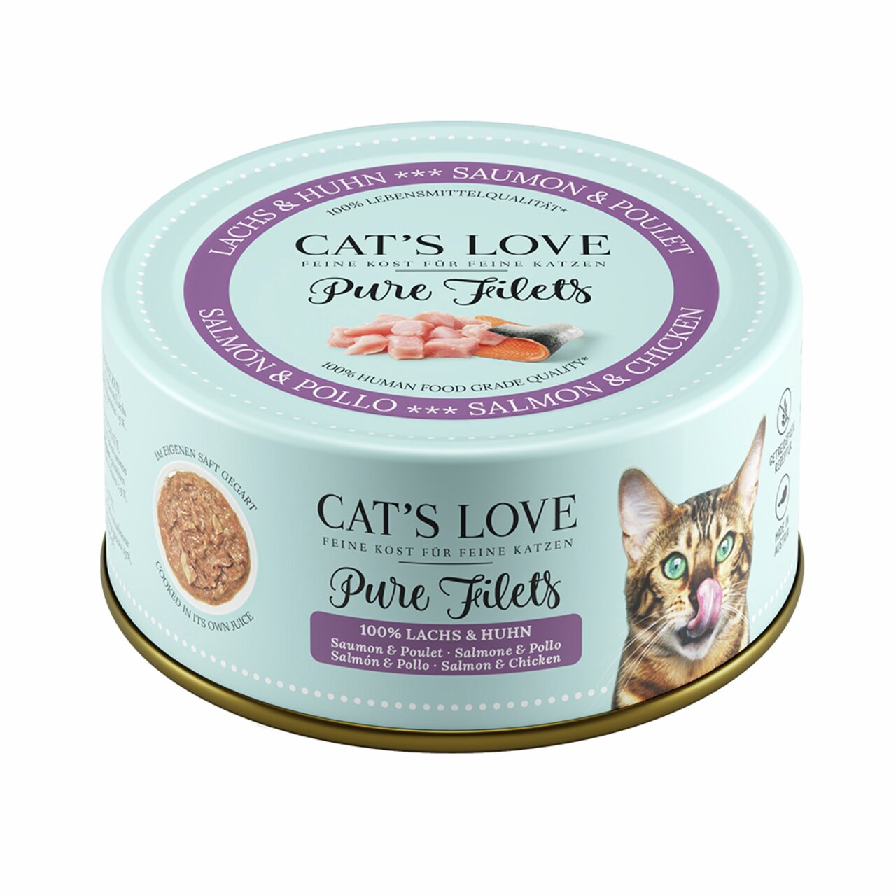 Cat's Love Pure Filets, Katzenfutter, Lachs & Huhn, 100 % nat. Zutaten in Lebensmittelqualität, 85 g.