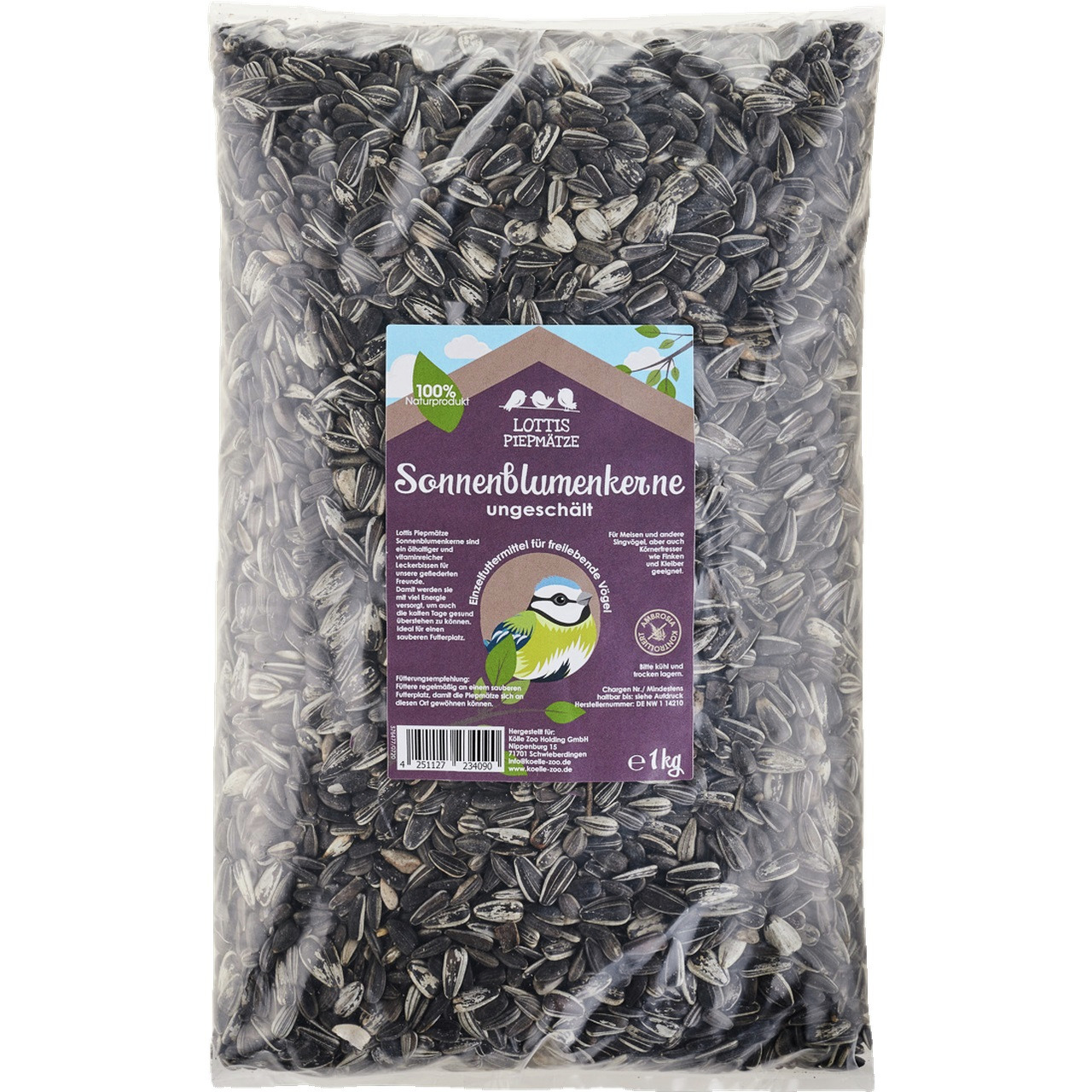 Das Bild zeigt eine 1-kg-Packung ungeschälte Sonnenblumenkerne der Marke "Lottis Piepmätze". Dieses Vogelfutter ist speziell für freilebende Vögel geeignet und wird als 100 % Naturprodukt beworben. Die Verpackung ist durchsichtig, sodass die schwarzen und