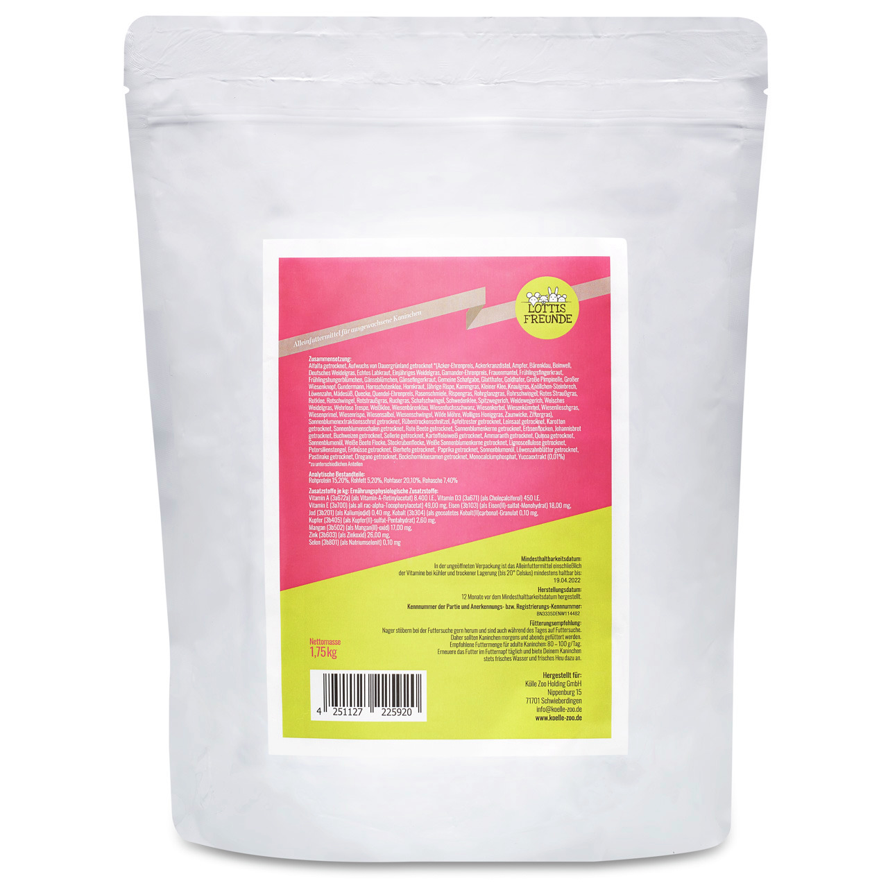 Das Bild zeigt eine weiße Verpackung des Produkts „Lottis Freunde“ mit einem farbigen Etikett in Pink und Gelb. Es handelt sich um ein Tierfutter für Hunde. Die Verpackung enthält 1,75 kg und ist mit detaillierten Angaben zu Inhaltsstoffen und Nährwerten 