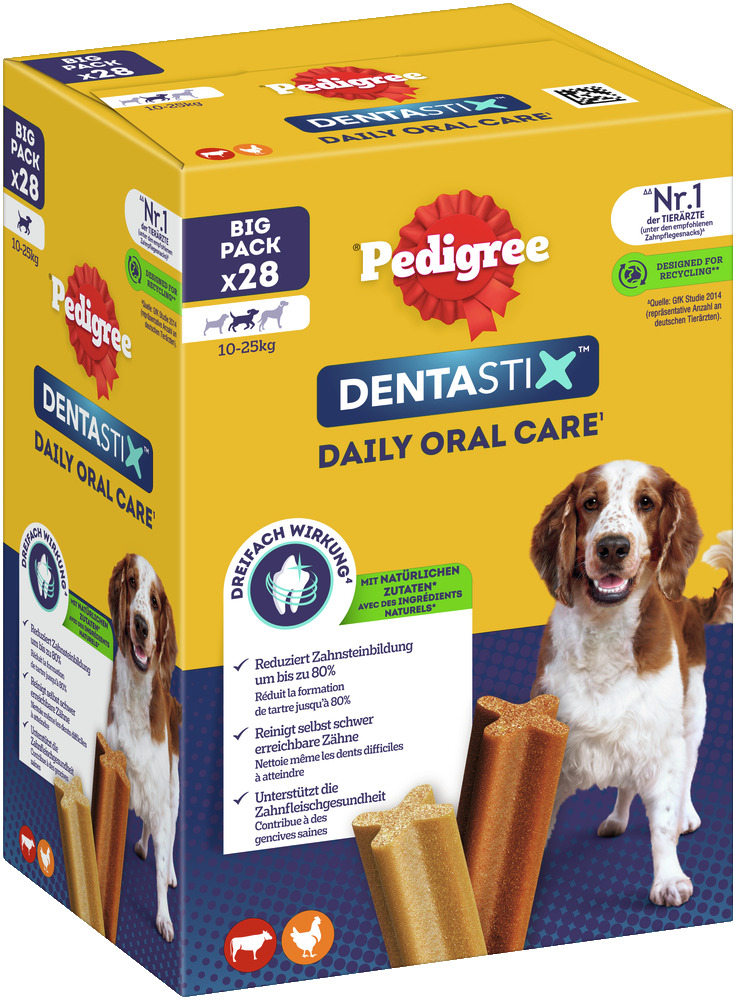 Pedigree Dentastix Daily Oral Care, Huhn & Rind, 28 Stk., für Hunde 10–25 kg, reduziert Zahnstein um 80 %, reinigt & stärkt Zahnfleisch.