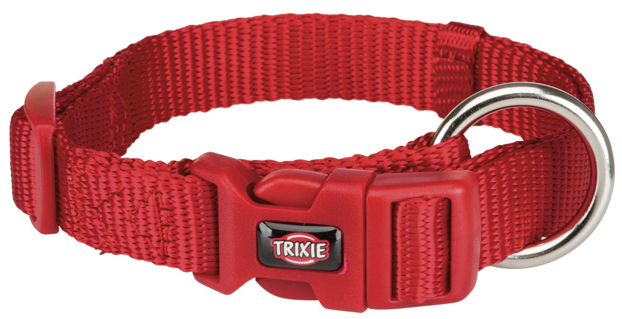 Rotes Hundehalsband der Marke TRIXIE aus robustem Nylon mit verstellbarer Größe und Klickverschluss. Geeignet für Hunde aller Größen. Das Halsband verfügt über einen stabilen Metallring zur Befestigung der Leine. Ideal für den täglichen Gebrauch. EAN: 401