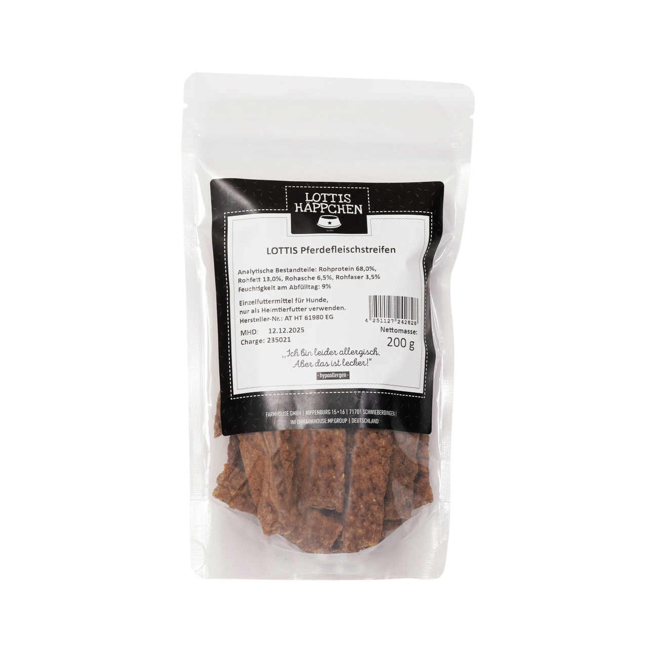 LOTTIS HÄPPCHEN Pferdefleischstreifen, Einzelfuttermittel für Hunde (bes. allergische). 200 g.