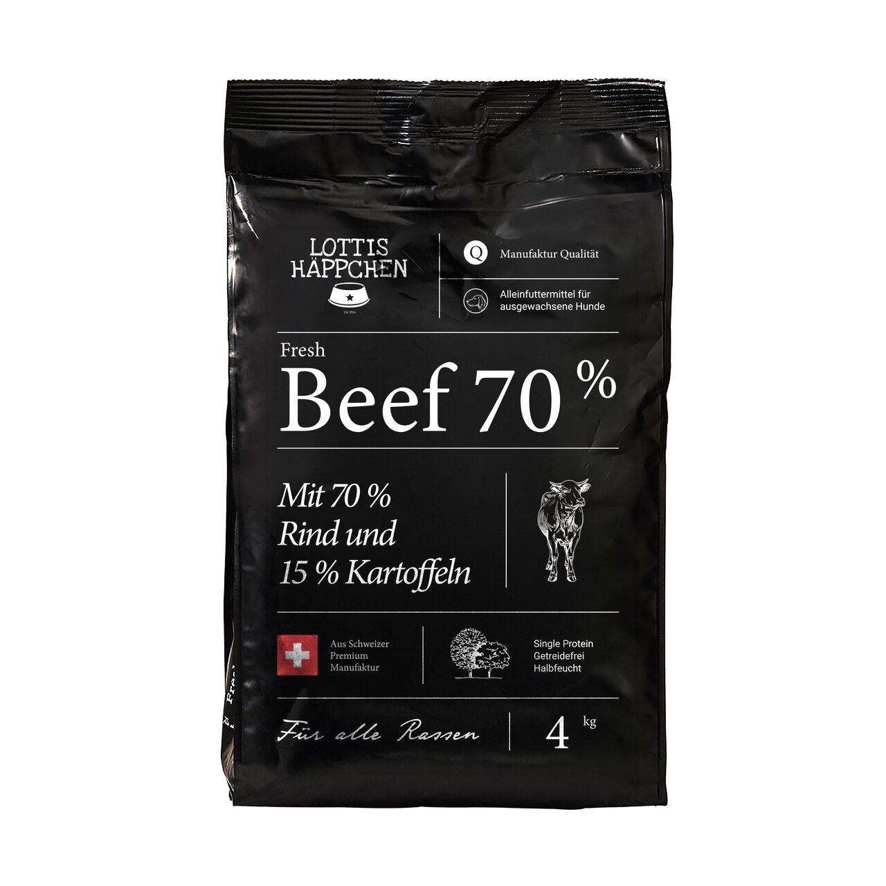 LOTTIS HÄPPCHEN Fresh Beef 70% Hundefutter für ausgewachsene Hunde, Rind, Single Protein, getreidefrei, 4 kg