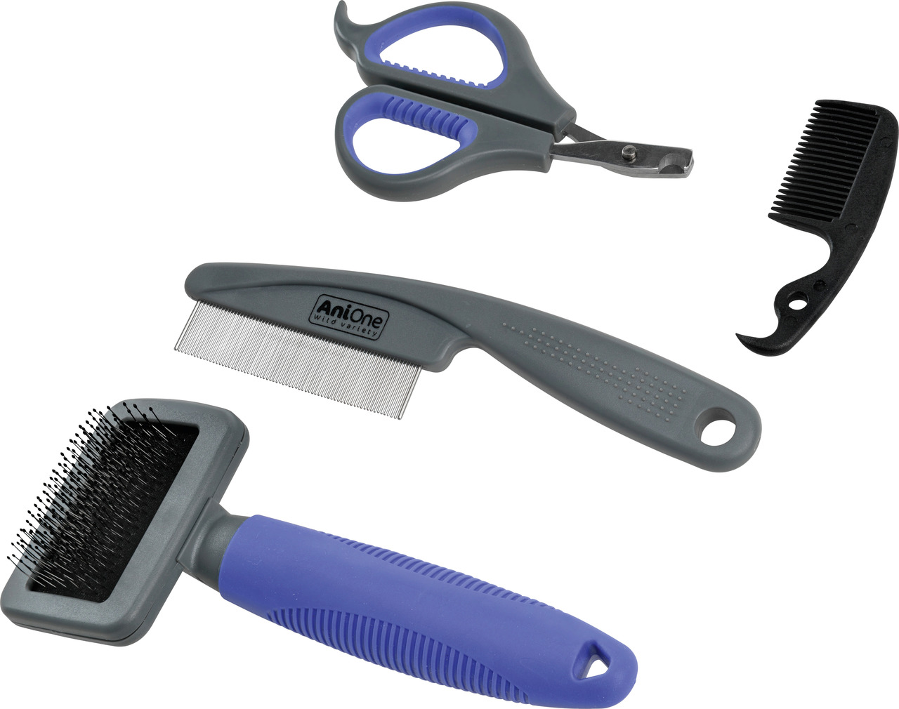 Das Bild zeigt das AniOne Pflege-Set für Haustiere, bestehend aus einer blauen Slicker-Bürste, einem grauen Flohkamm, einer schwarzen Fellschere und einem schwarzen Entfilzungskamm. Dieses Set ist ideal für die Fellpflege von Hunden und Katzen. Es unterst