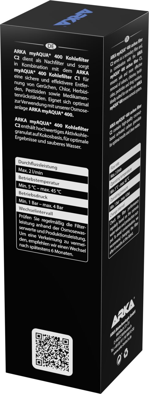 ARKA myAQUA 400 Kohlefilter C2 für Osmoseanlagen, Nachfilter für sauberes Wasser, entfernt Gerüche, Chlor und Pestizide.