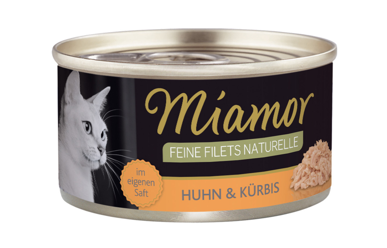 Miamor Feine Filets Naturelle Katzenfutter, Huhn & Kürbis, im eigenen Saft, 100 g, weiße Katze auf Verpackung.