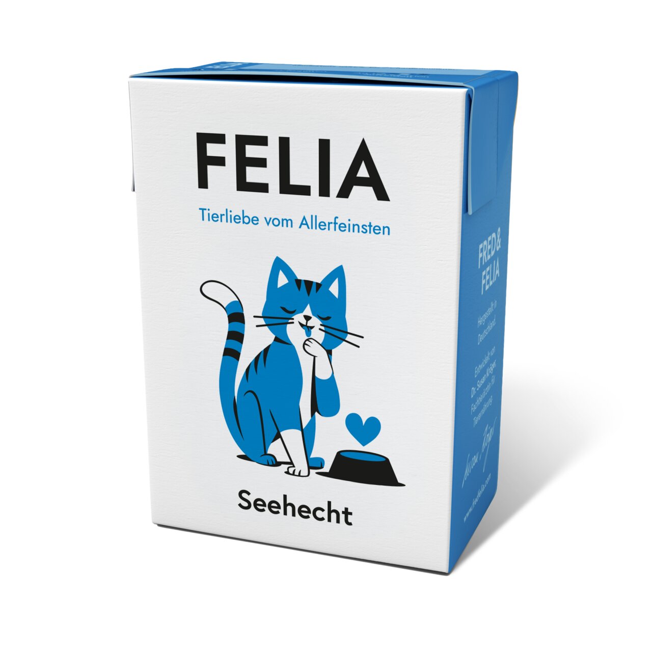 FELIA Katzenfutter Seehecht für Katzen, Geschmacksrichtung Seehecht, Tierliebe vom Allerfeinsten, Faltschachtel mit Katze.