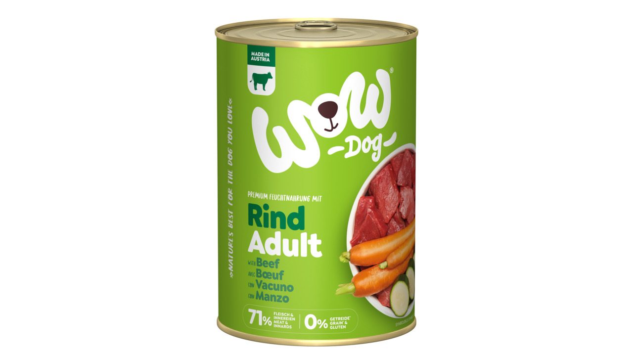Das Bild zeigt eine grüne Dose des Hundefutters „WOW DOG Rind Adult“. Es handelt sich um ein Premium-Feuchtfutter für ausgewachsene Hunde mit der Geschmacksrichtung Rind. Die Dose enthält 71 % Fleisch und Innereien, ist getreide- und glutenfrei und hat ei