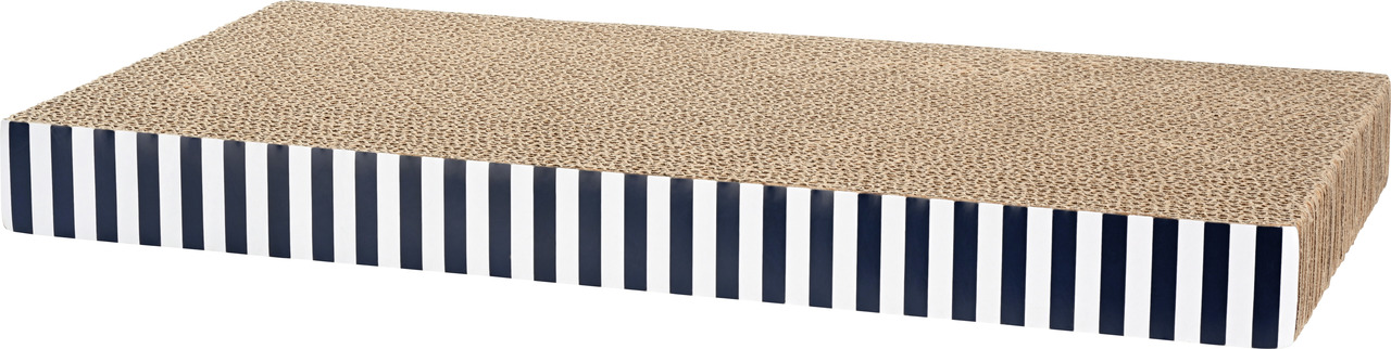 Rechteckige Kratzmatte von fit+fun für Katzen, aus Wellpappe mit dekorativem blau-weiß gestreiftem Rand. Ideal für die Krallenpflege und zum Spielen. Zielgruppe: Katzen. Geschmacksneutral. Maße ca. 50 x 25 x 5 cm. Nachhaltig und leicht zu recyceln. EAN: 4