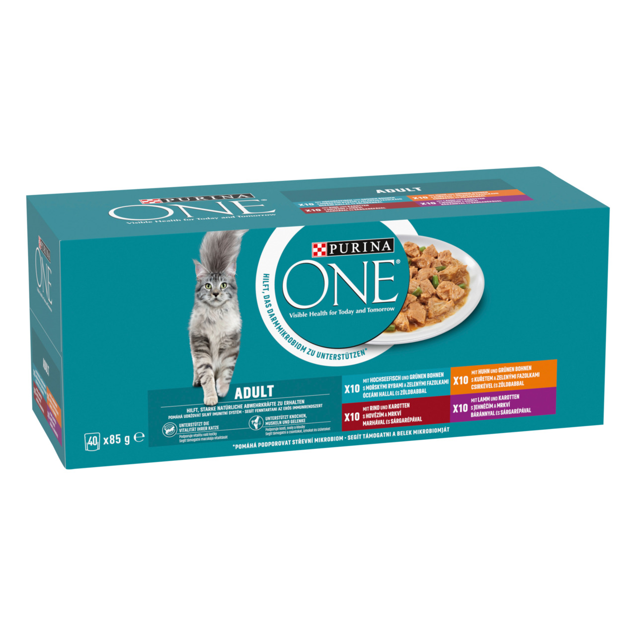 Purina ONE Adult Katzenfutter, für ausgew. Katzen, Huhn/Rind/Lachs/Truthahn, 40x85g, unterstützt Darmgesundheit, hochwertige Zutaten.